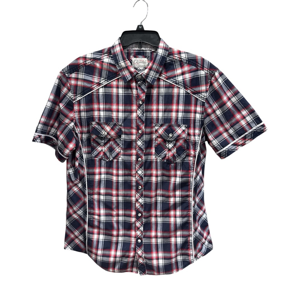 7 Diamonds Men's Short Sleeve Plaid Button-Down Shirt - Navy/Red/White